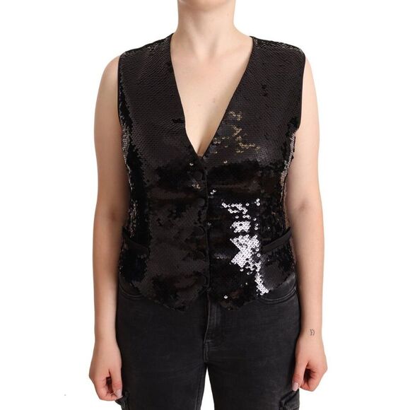 Dolce & Gabbana Black Sequin V-Neck Sleeveless Vest Tank Women's Top